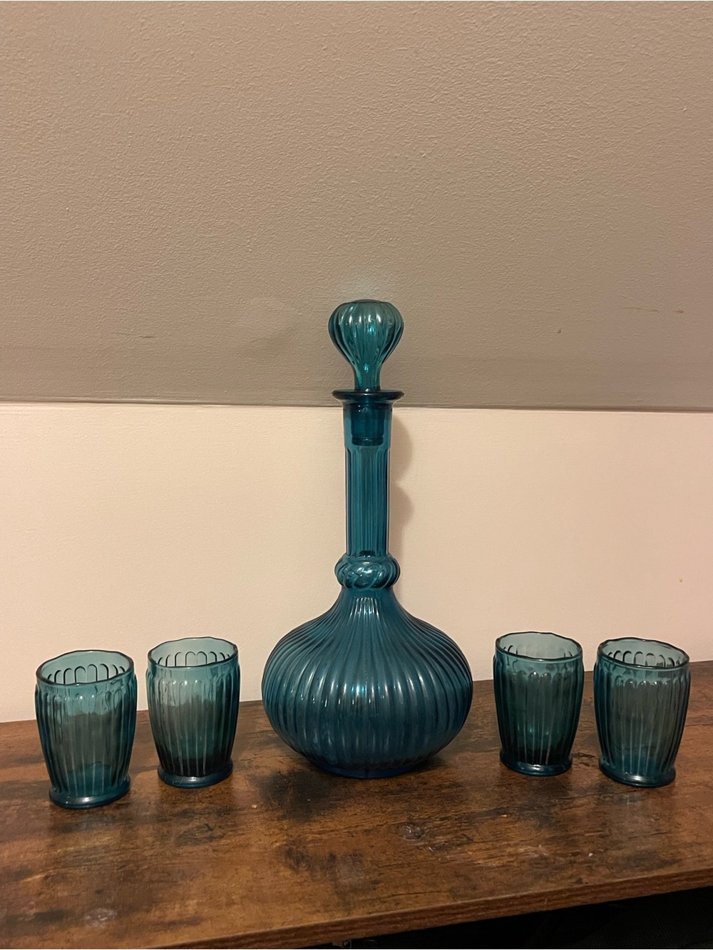 Vintage made in Italy Teal Ribbed Glass Decanter Set with Four Tumblers